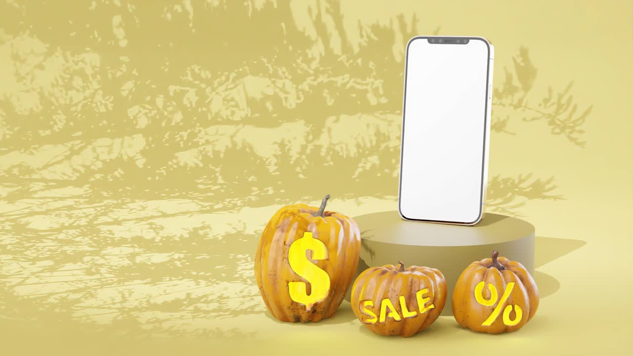 campaña publicitaria de venta de halloween con teléfono en exhibición y calabazas, fondo amarillo