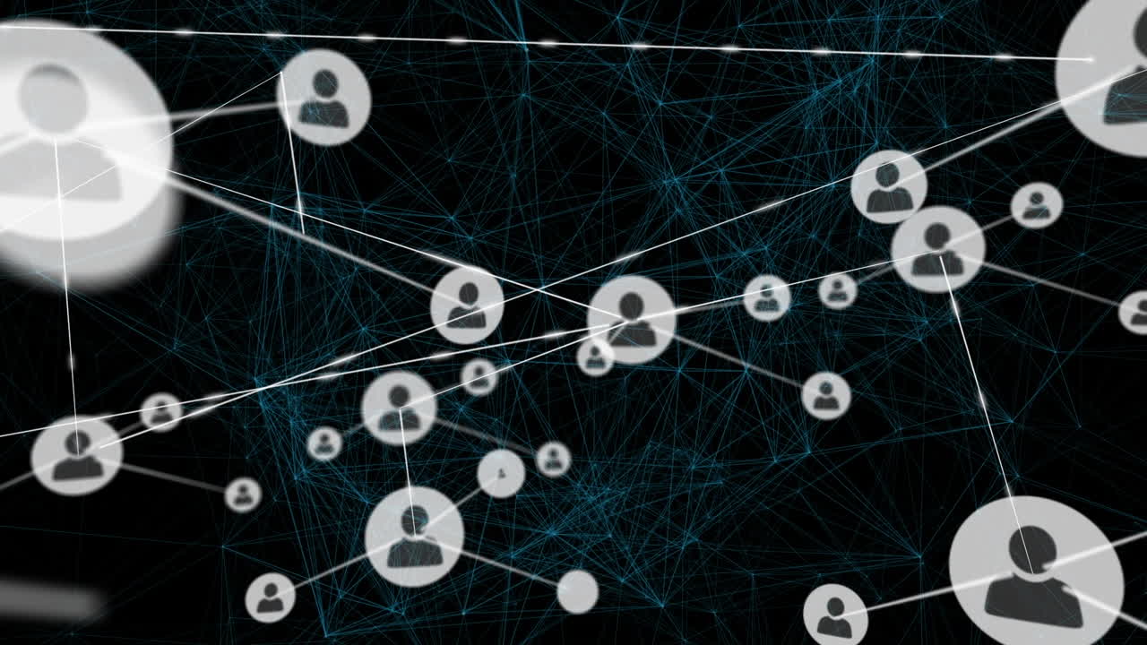 animación de la red de conexiones con iconos en fondo negro