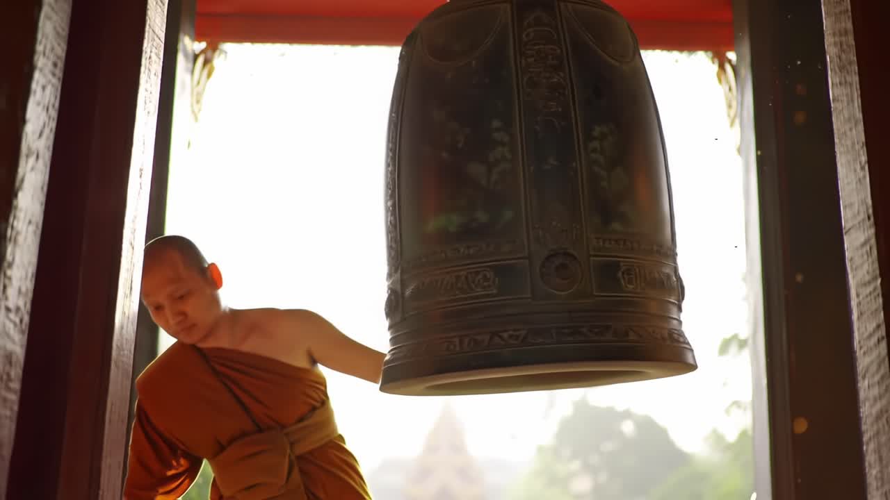 A Monk Reverently Rings a Sacred Bell, Emphasizing Tradition and Spirituality in a Serene Temple Environment, Capturing a Moment of Reflection and Harmony