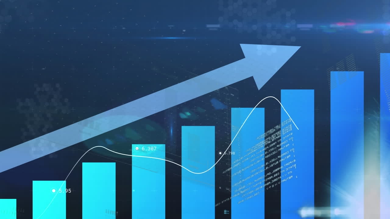 Animation of arrow on growing graphs with loading bars and graphs over blue background