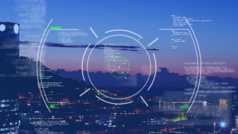 animación del procesamiento de datos y escaneo de alcance sobre vista aérea del paisaje urbano por la noche.
