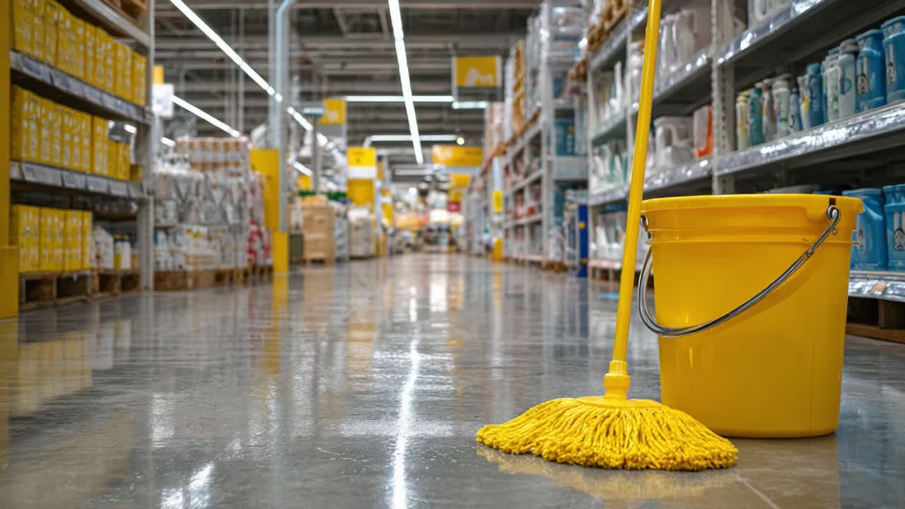 A Brightly Lit Aisle in a Store Featuring a Yellow Mop and Bucket, Highlighting Cleaning Tools and Supplies for an Inviting Shopping Experience