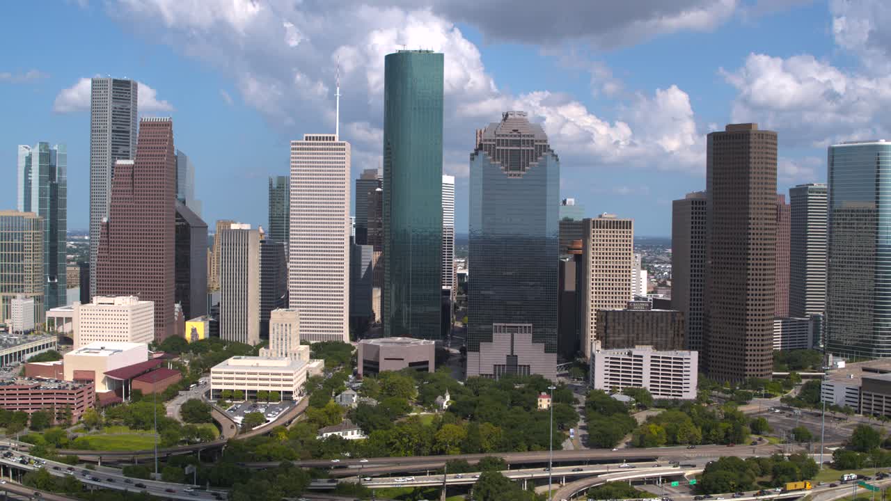 Aerial view of downtown Houston on a cloudy but sunny day