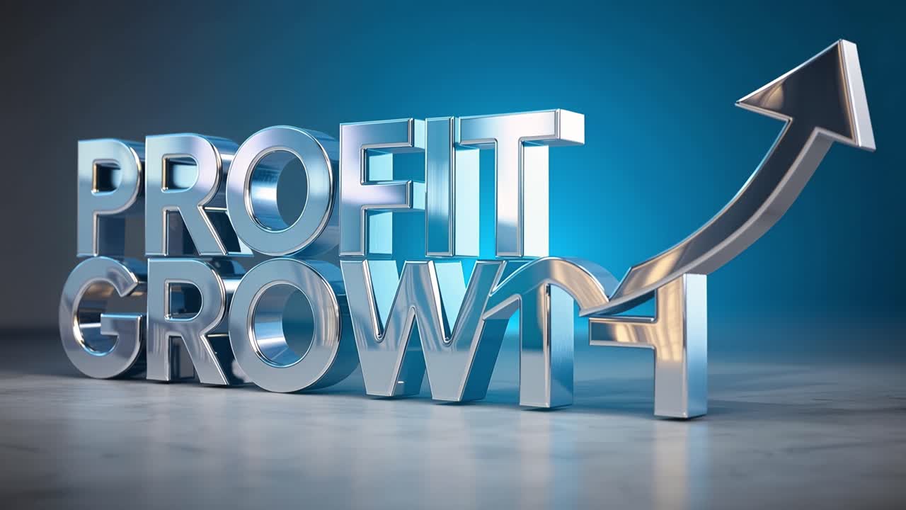 Metal letters spell "Profit Growth," gleaming under soft blue light. Arrow rises beside the text, symbolizing upward momentum. Surface reflects faint shadows, adding depth and realism