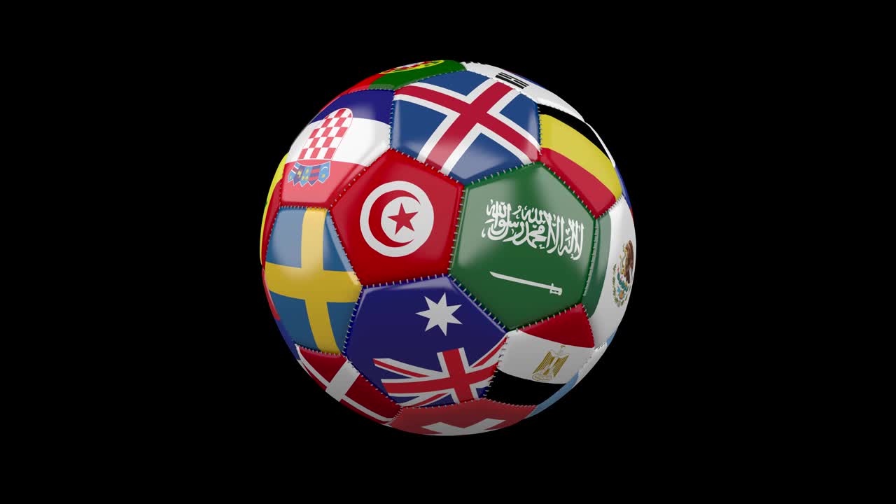 검은 바탕에 세계 국가들의 발이 그려진 회전하는 축구공, 4k 영상, 루프