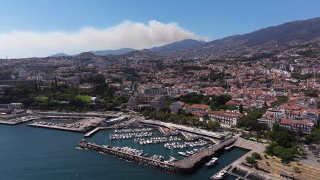 establishing aerial view above funchal marina in madeira, portugal