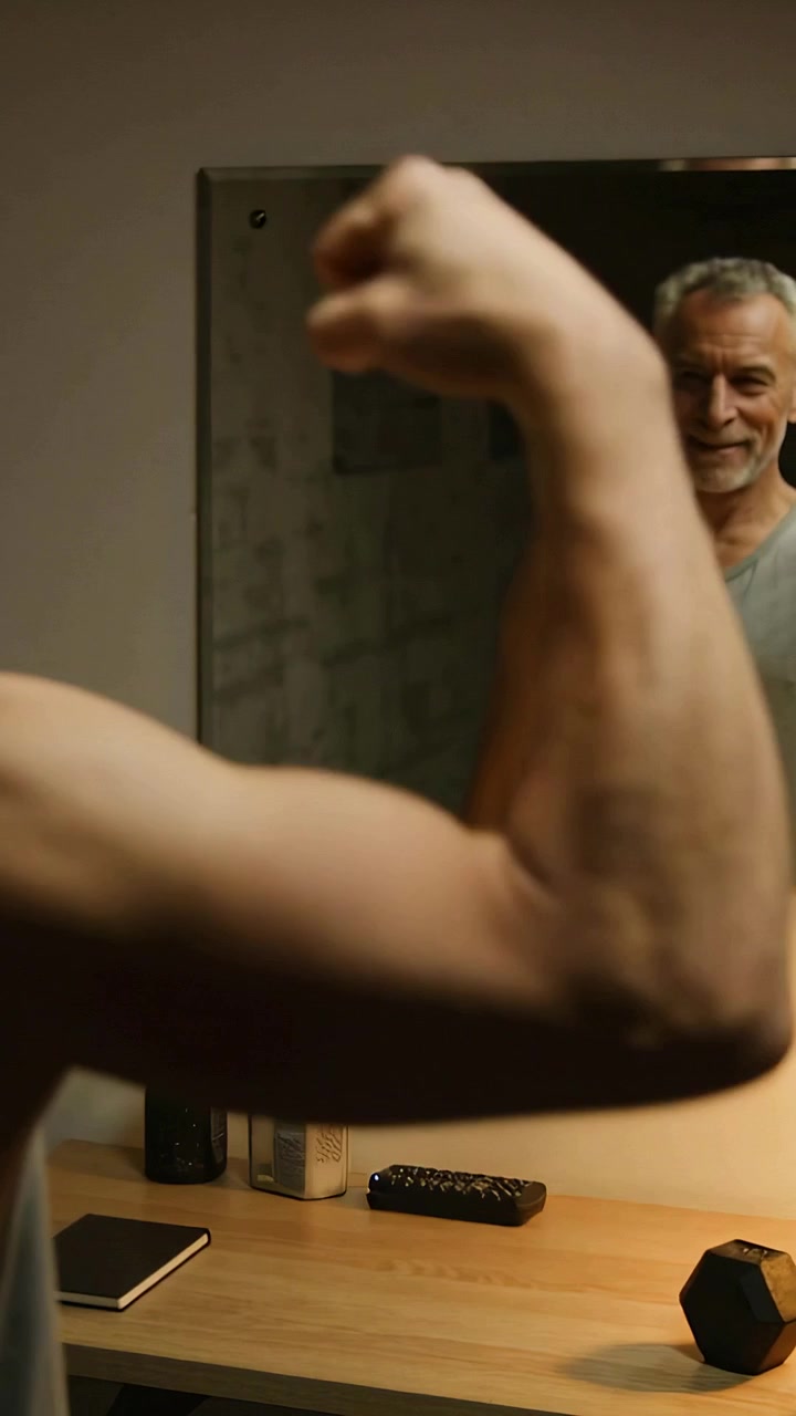 Vertical video: Flexing man wearing tank top checking mirror post-workout at vanity with dumbbell