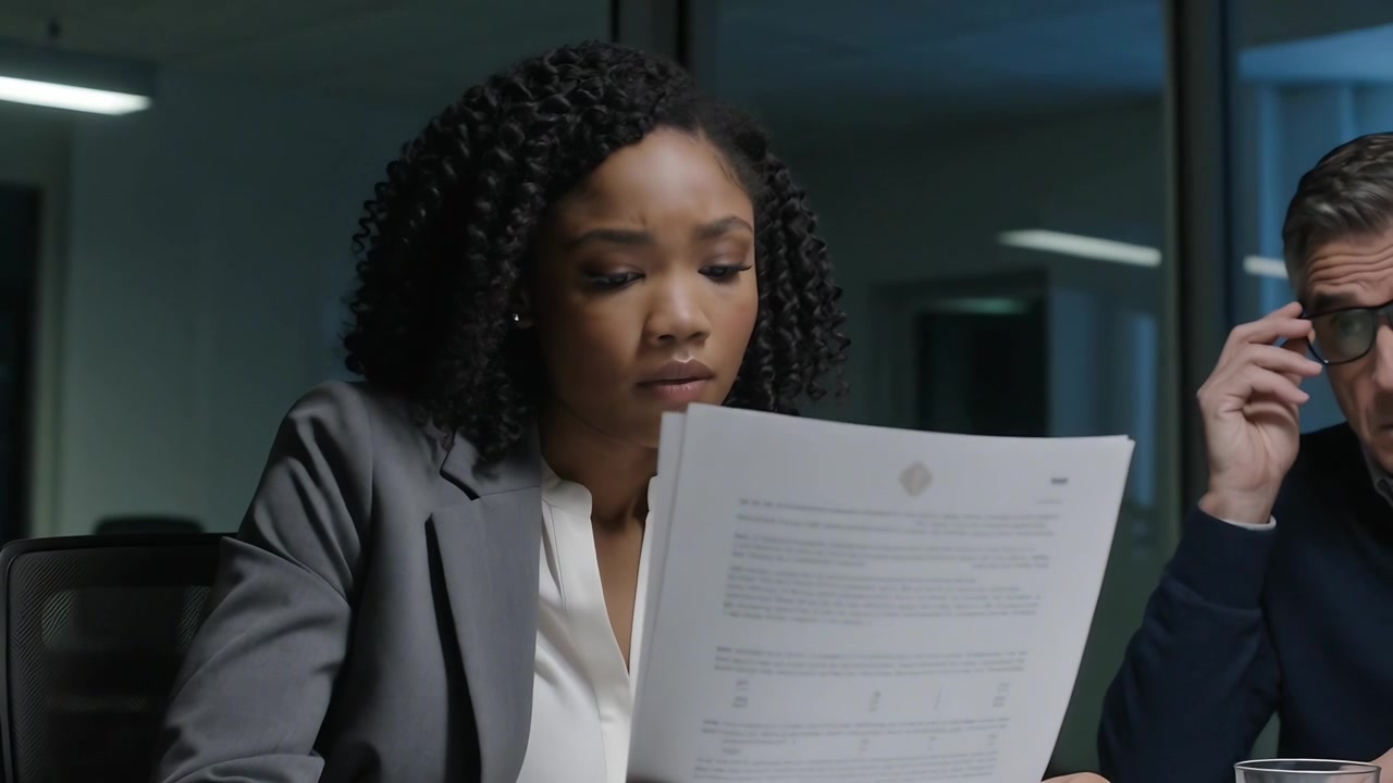 Reading woman in grey blazer white blouse holding report in meeting room, colleague tilting glasses