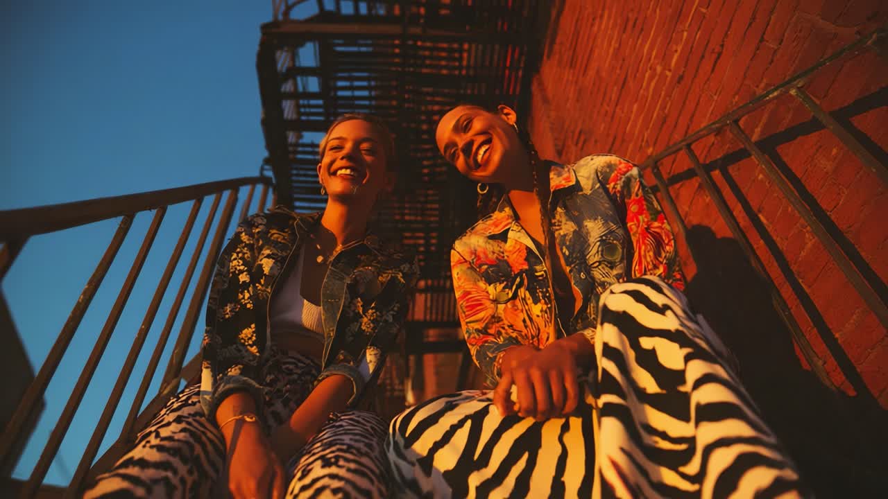 Two joyful women in vibrant outfits share a moment of laughter on a staircase bathed in warm sunset light, showcasing the beauty of friendship and carefree spirit against an urban backdrop