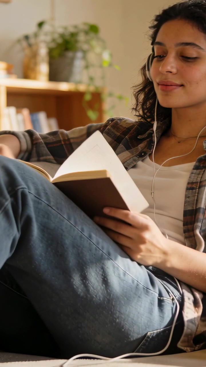 Vidéo verticale: Ouvrant un livre, femme en carreaux lisant et tournant les pages à la maison avec des écouteurs filaires