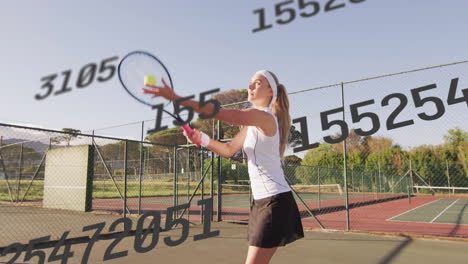 woman serving ball with racket on red clay court, floating numbers showing sports analytics data