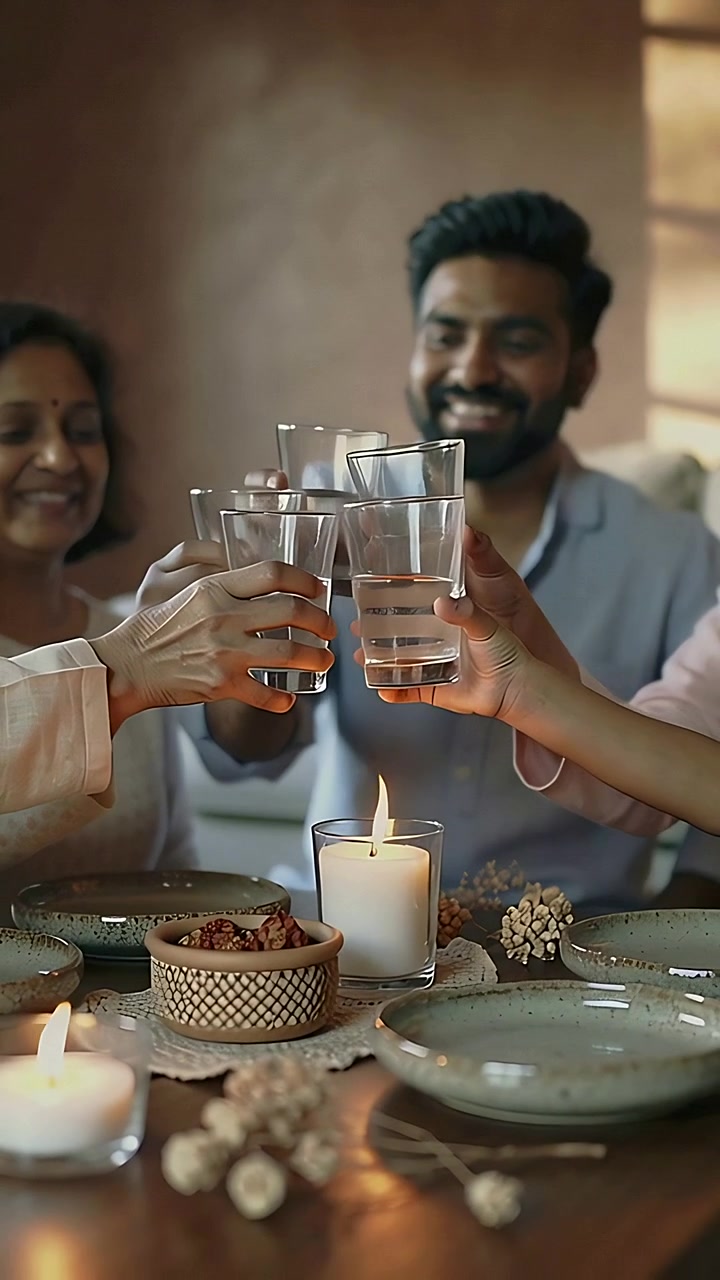 Vertical video: Clinking family at home, man in shirt leading toast for dinner with glasses, candle