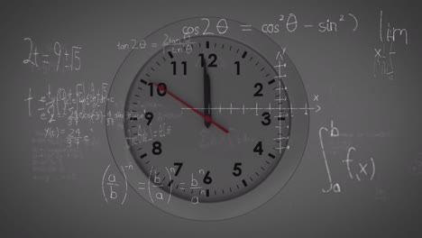 Animation-of-mathematical-equations-floating-over-ticking-clock-against-grey-background