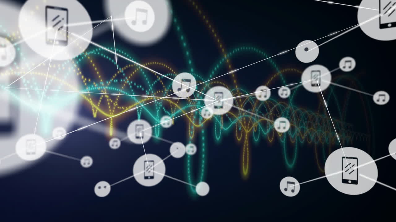 Connected music icons over colorful waveforms on dark background, showing animation