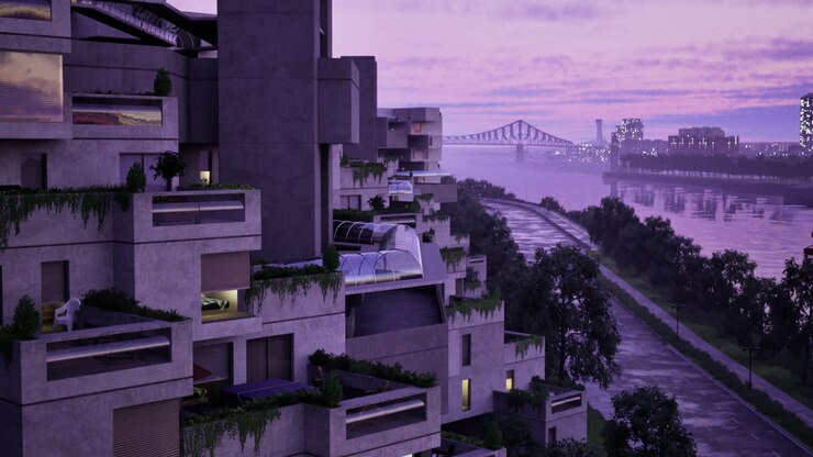 Arquitetura moderna ao longo de um calçadão à beira do rio ao entardecer em uma cidade vibrante