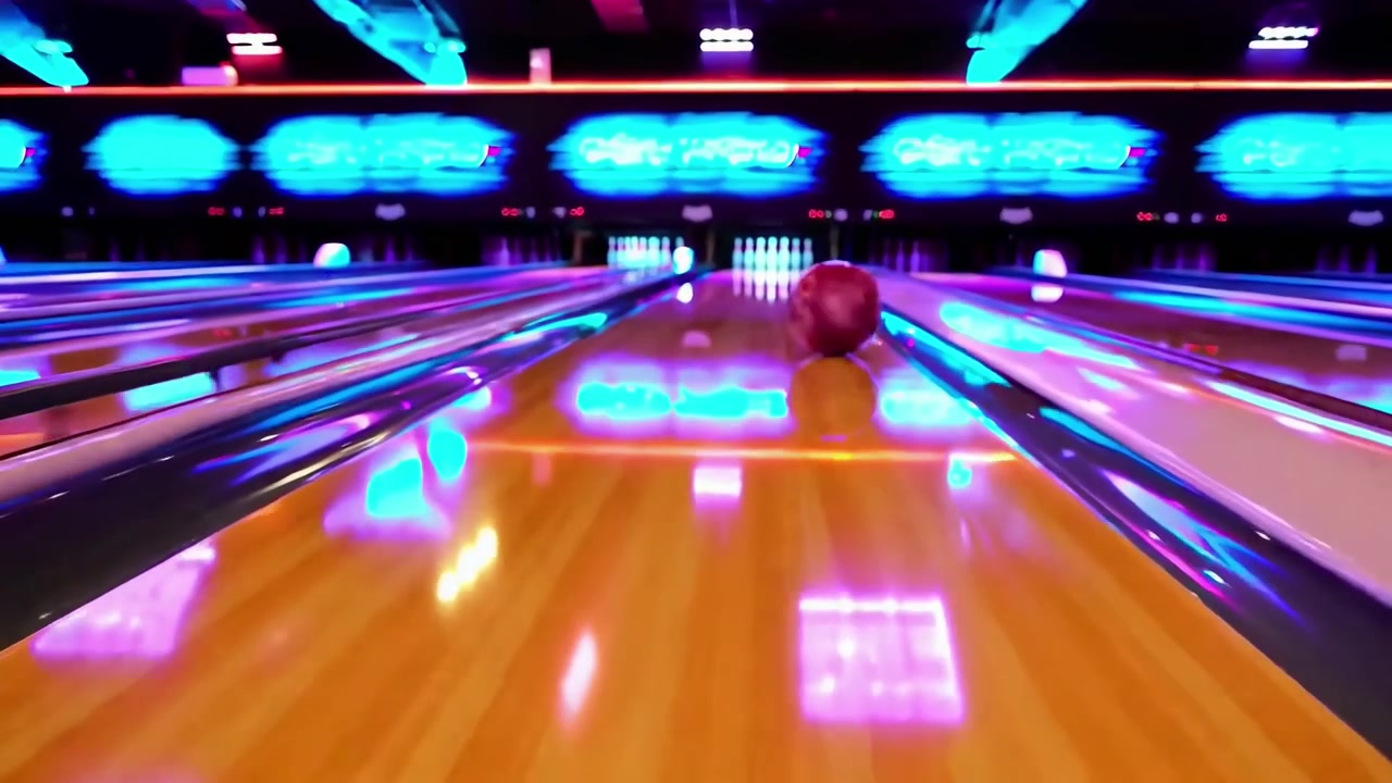 Palla da bowling vibrante che colpisce i birilli su una pista illuminata al neon
