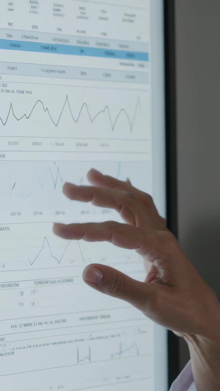 Vertikal video: Højre hånd kommer ind i billedet, trækker diagrammer på skærmen, gennemgår data på kontor, med plads til tekst.