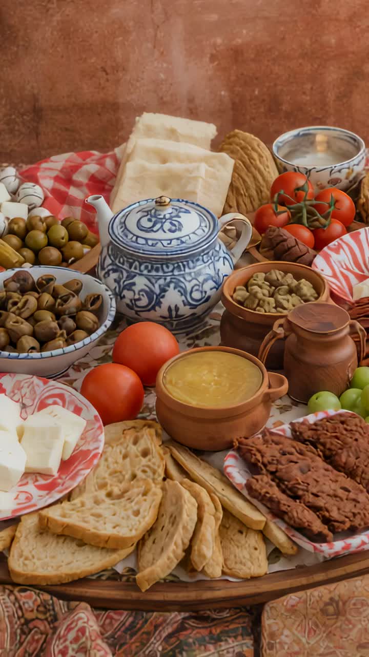 Vertical video: Inching camera closer over rustic table, focusing blue teapot and clay soup bowl
