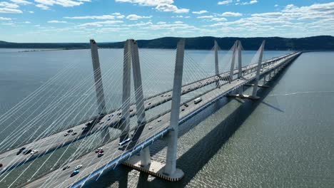 aerial of new tappen zee andrew cuomo bridge over hudson river in new york