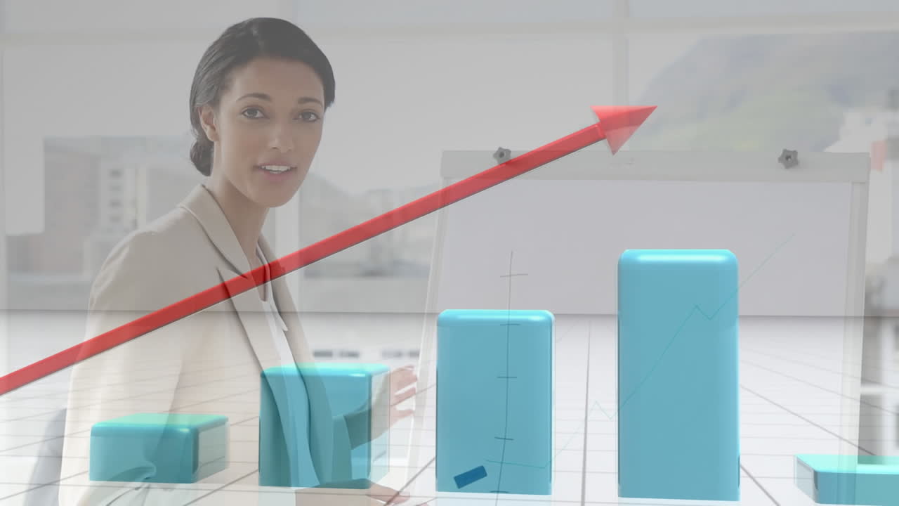 프레젠테이션을 하는 사업가 여성의 디지털 복합