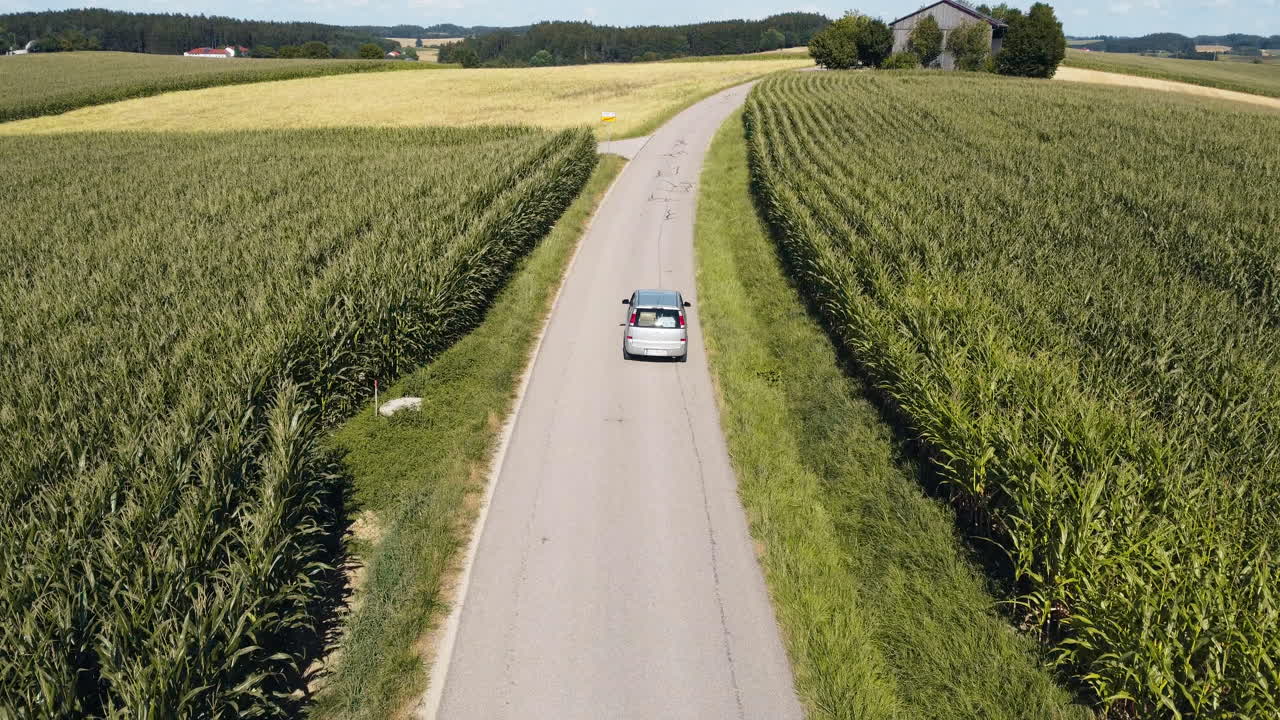 Auto che percorre una strada di campagna tra le coltivazioni bavaresi, Germania - vista aerea.