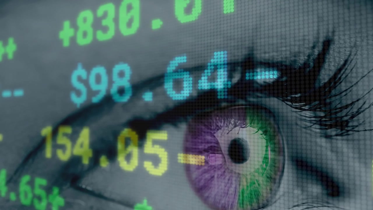 Animation of financial data over eye of woman on grey background