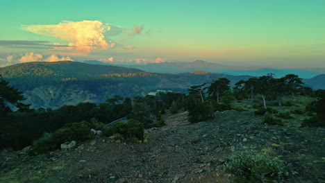 drone aéreo dolly fuera de tiro de una cordillera con árboles y cielo azul