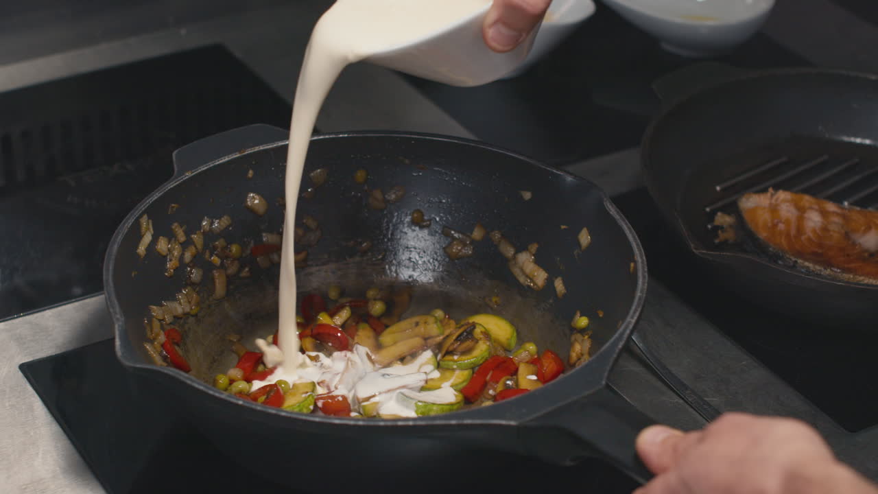 Adding Cream To Pan-Fried Vegetables