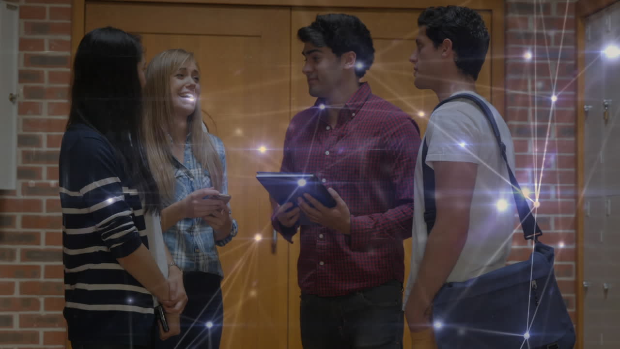 red brillante de conexiones contra un grupo de estudiantes universitarios hablando entre sí