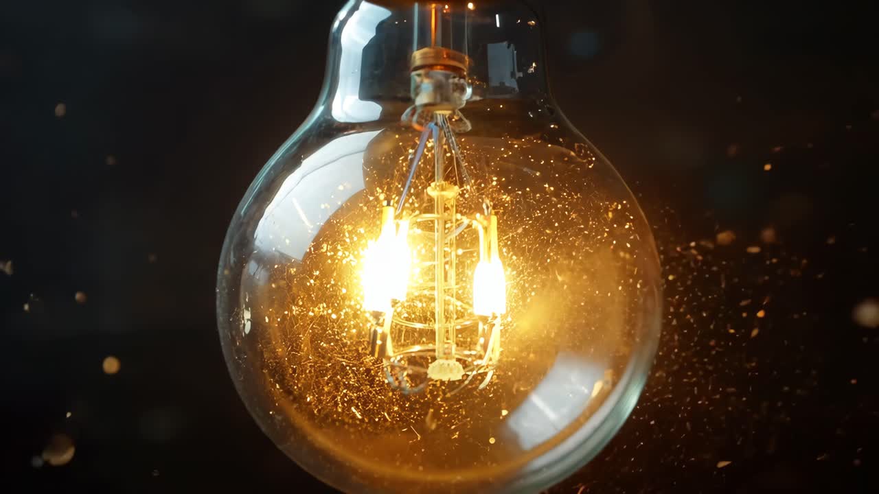 A light bulb is glowing brightly and is hanging from a cord. The light bulb is a vintage style bulb and is emitting a warm, yellow light. The cord is made of metal and is hanging from the ceiling