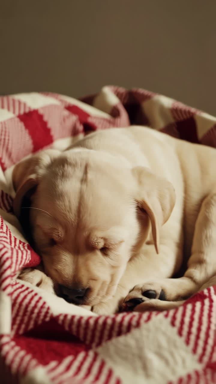 An adorable Labrador puppy resting on a cozy checkered blanket