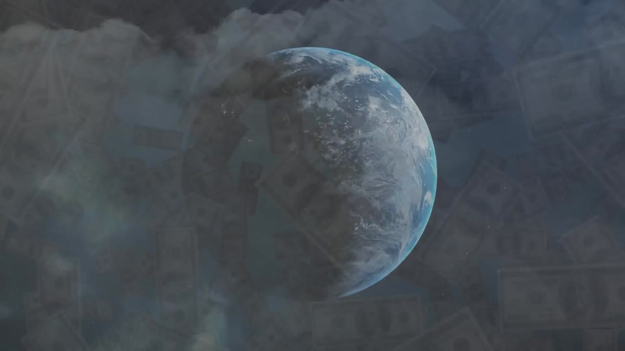 animación digital de billetes de dólar estadounidense que caen sobre el globo contra las nubes en el cielo nocturno