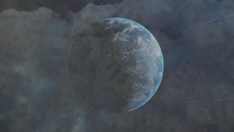 digital animation of american dollar bills falling over globe against clouds in night sky