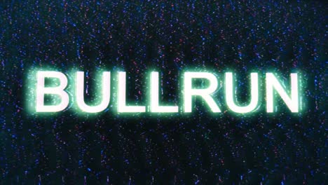 bullrun glitch visual, bullrun título zoom en la animación, efecto de glitching, ruido colorido