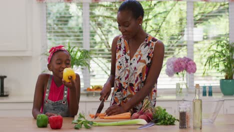 Afroamerikanische-Mutter-Und-Tochter-Hacken-Gemüse-In-Der-Küche-Zu-Hause