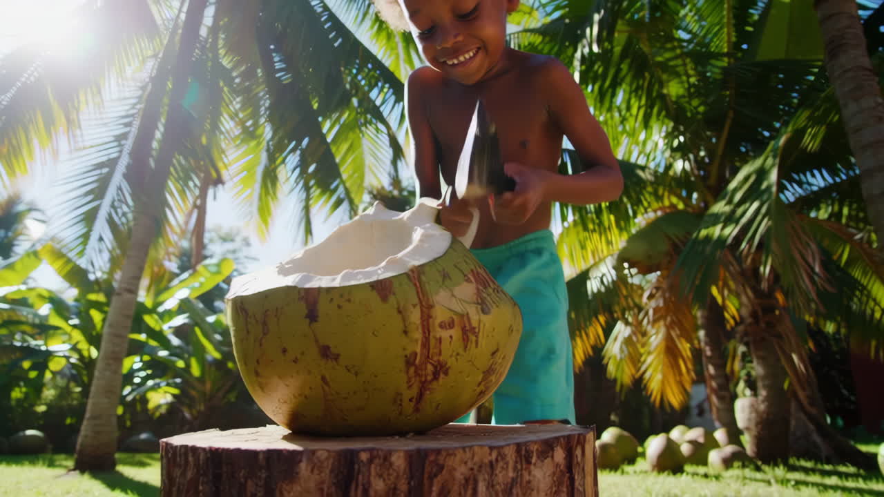 Happy Child Opening a Coconut in a Tropical Garden