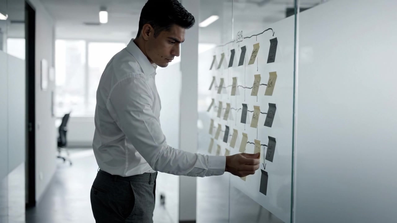 Focused professional analyzing notes on a glass board, deep in thought while strategizing for project management in a modern office environment.