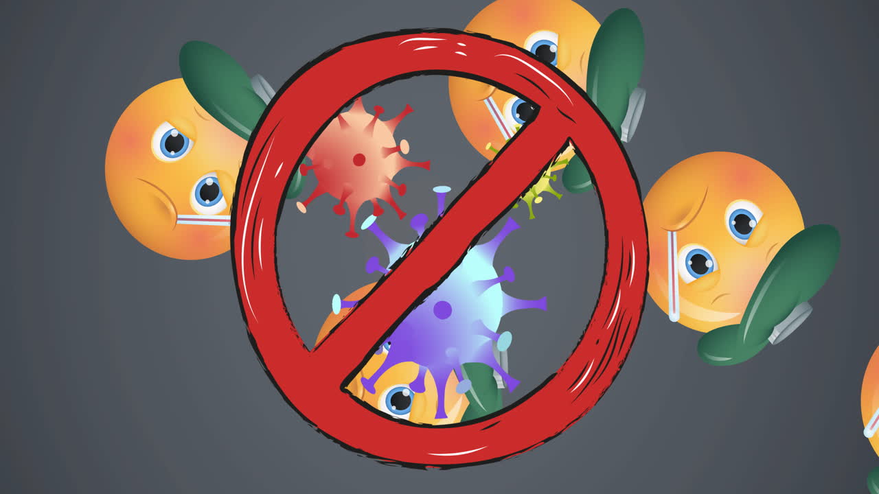 animación de un letrero de no entrada sobre celdas de covid-19 y iconos de emoji enfermos en fondo gris