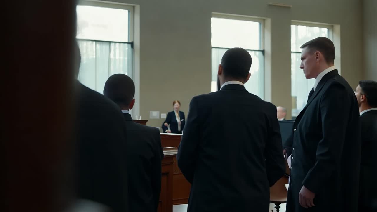 재판실 에 서 있는 슈트 를 입은 남자 들