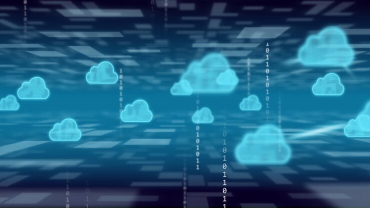 Animation of clouds icons with data processing over binary coding