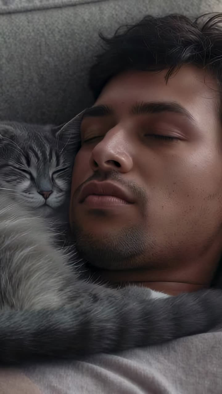 Video verticale: uomo in movimento che indossa una maglia grigia, gatto che preme il muso e la zampa, apre gli occhi sul divano