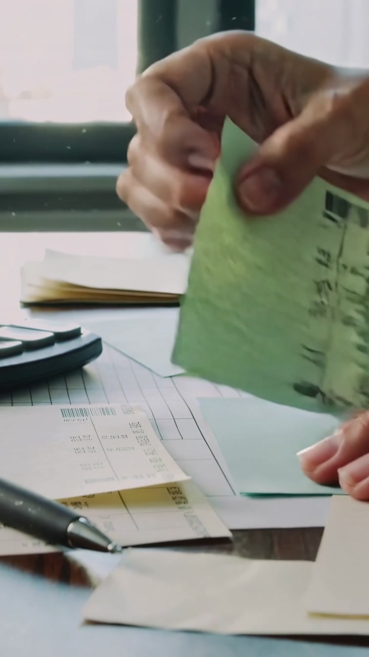 Vertical video: Receipts nudging hands sorting slips at desk with blue note checking calc totals