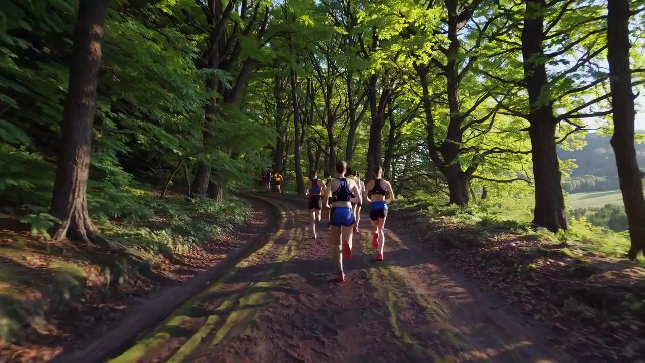 Gruppo di corridori che fanno jogging su un sentiero nel bosco alla luce del sole