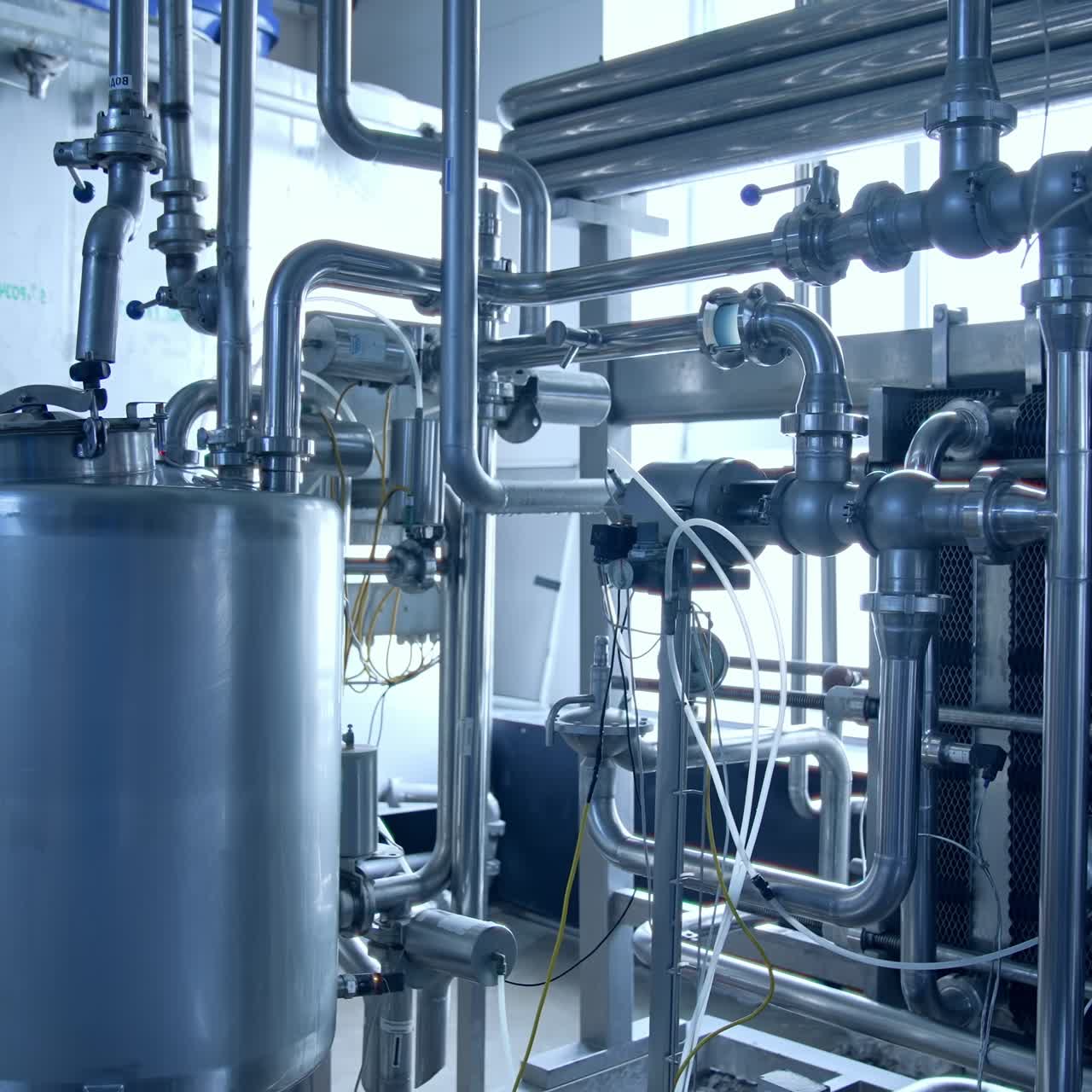 Modern milk factory with stainless tubes. Steel huge diary factory technologies