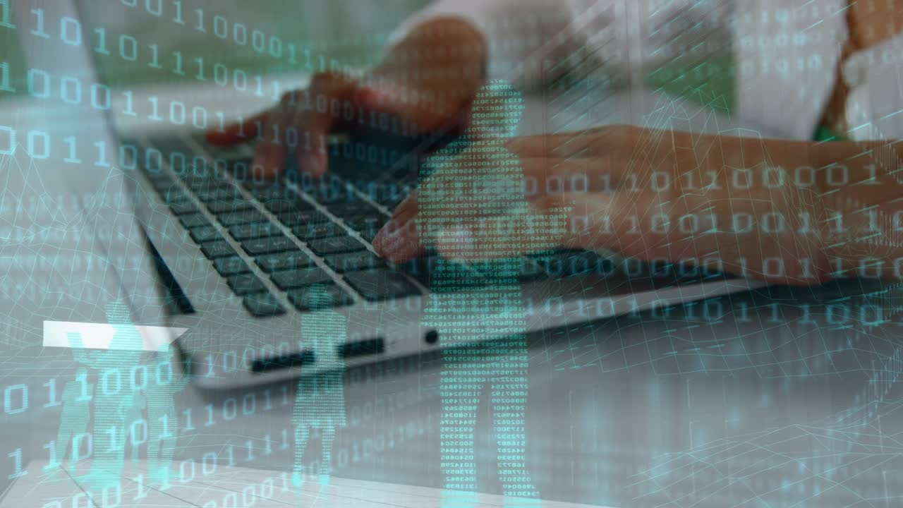 Animation of binary code over hands of asian girl using laptop