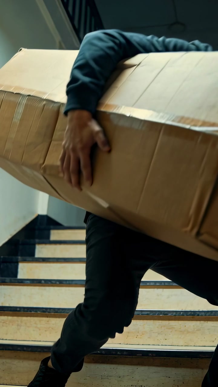 Vertical video: Gripping box, man in dark top carrying package climbing stairs toward landing