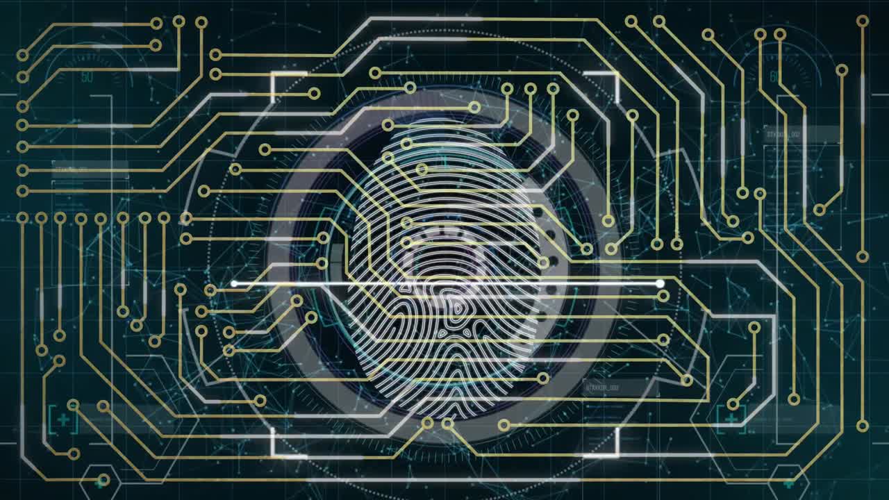 animación de circuitos integrados y escaneo de huellas dactilares sobre fondo negro