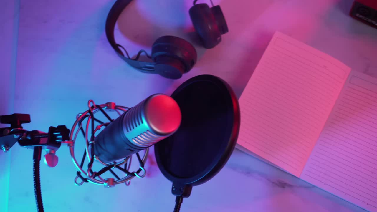 Vista dall'alto di apparecchiature per studio di registrazione con illuminazione al neon