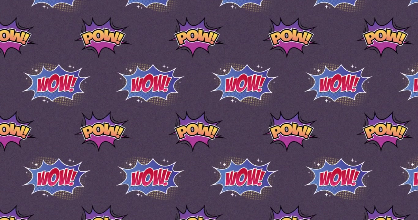 Animazione dei testi 'zap' e 'pow' ripetuti su sfondo grigio