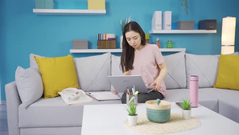 asian young woman finds her lost property at home.